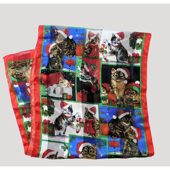 Christmas Cat Scarf 14" X 59" Festive Red Multicolor Polyester Rectangular - Picture 5 of 10